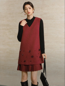 Yigue | Red V-Neck Sleeveless Fashion Woolen Dress