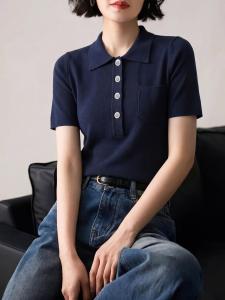 Basic House | Dark Blue Polo Neck Short Sleeve Womens Knit Top Summer New