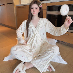 Bộ Đồ Ngủ Cotton Mỏng Mùa Hè Cho Bà Bầu Sau Sinh Thường Xuyên Mặc Thoải Mái Dài Tay Cổ Chữ V Quần Dài Có Thể Rút Dây