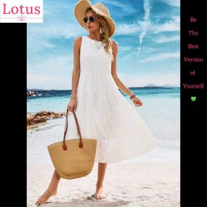 Lotus] Đầm Maxi Thêu Lỗ Eyelet Embroidery Đẹp Hoa Văn Sang Trọng/ Váy Đi Biển Màu Trắng/ Đầm Ba Lỗ Form Rộng Dáng Suông