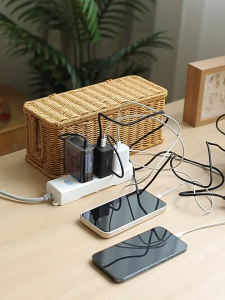 Thailucky กล่องเก็บปลั๊ก พร้อมฝาปิด กล่องชาร์จแบต สานด้วยมือ สีธรรมชาติ