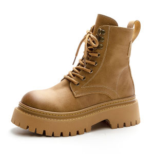 Womens Martin Boots Autumn Winter New Style British Style Fleece Lined Genuine Leather Short Boots Inner Heightening Thick Bottom Motorcycle Single Boot