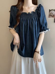 AIYITI | Summer Womens Denim Shirt Lace Trim Short Sleeve Square Collar Plus Size Conceal Belly Slimming Top Large Size Casual Loose Fit