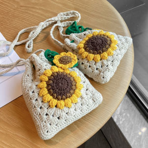 Knitted Mini Crossbody Bag for Ladies Single Shoulder Sunflower Yarn Woven Mobile Phone Bag Fashionable Trendy Bucket Bag
