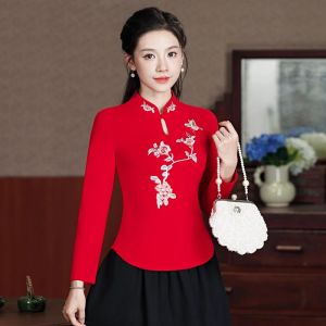 เสื้อยืดคอตตอนแขนยาวปักลายสไตล์จีนสำหรับผู้หญิง ฤดูใบไม้ผลิ 2025 เสื้อเชิ้ตคอตตอนแท้ทรงสลิมฟิตสำหรับใส่ทำงาน