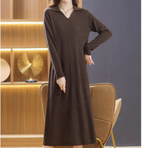 ฤดูใบไม้ร่วง ฤดูหนาว ลำลอง ขนสัตว์ เดรส ผู้หญิง ถักยาวถึงเข่า ปกเสื้อเชิ้ต Bottoming ขนาดใหญ่ เสื้อสเวตเตอร์ หลวม ประเภทปลอกปกติ