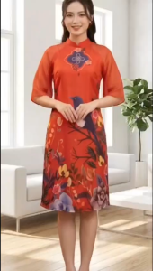 Áo dài đỏ cách tân trẻ trung hoa văn tinh tế tay ngắn