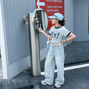 Maong Pants For Kids Girl 7-15yrs Lace Bow Print Baggy Pants For Kids Girl High Waist Jeans For Kids Girls ootd For Kids Girl Denim Pants For Kids Girl Maong Pants For Kids Girl