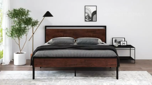 NESTORA Walnut Metal Bed Frame Single Super Single Queen Heavy Duty Steel Slat Platform Apartment Iron Bedstead 床架