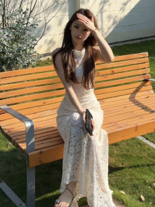 Karrar betsey | French White Lace Neck-Hook Sleeveless Fitted Long Dress