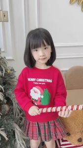 BE230 Bộ áo dài tay đỏ chân váy xếp ly LOCOBEAR quần áo bé gái đi chơi Noel Giáng Sinh chụp ảnh