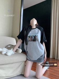 Cat Printing Pure Cotton Short-Sleeved T-shirt for Women Plus Size Plus Size Ladies Loose Mid Length Long Length American Retro Contrast Color Casual Tops