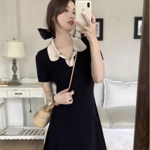 ฤดูร้อน พรางหุ่น คอโปโลแขนสั้นถัก Midi เดรส ผู้หญิง Pure Color Block กระโปรงทรงเอ มีสไตล์ สลิมฟิต โพลีเอสเตอร์ ไฟเบอร์