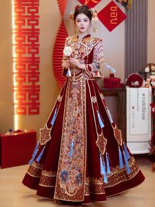 ชุดแต่งงานฮ่องกง ชุดฮู้ดผ้ากำมะหยี่หนา ทรงฤดูใบไม้ผลิและฤดูร้อน เสื้อผ้าผู้หญิง สไตล์ย้อนยุค แขนยาว ปกตั้ง จี้ลูกปัด โพลีเอสเตอร์