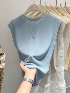 Blue Basic Style Shoulder Short Sleeve Knitwear T-shirt Womens Ice Silk Thin Summer Flying Sleeve Loose Waistcoat Top