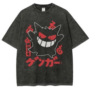 Bandai | Hot Selling Summer Fashion Pok É Mon Geng Gui Printed Pattern Design Outdoor T-shirt Y2K Harajuku Washed Short Sleeved Shirt
