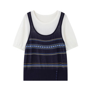 True Two Pieces Plus Size Summer Lightweight Breezy Contrast Geometric Embossed Short Sleeve T-Shirt