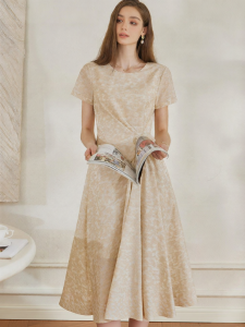 Roey s house | Elegant Jacquard Twist Dress Round Neck Light Brown Mid-Length