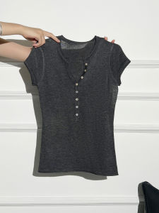 La Chapelle Womens Slim Fit Short Sleeve T-Shirt V-Neck Button Design Casual Comfortable Breathable Summer New Style Top