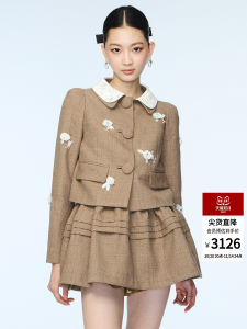 LeFame Fashionable Retro Style Korean Doll Collar Beaded Jacket Womens Top Straight Tube Shape Woolen Long Sleeve Coat