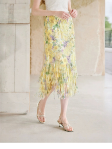 XIANGYING | High Waist Fringe Print Midi Skirt