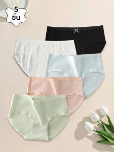 กางเกงในผู้หญิงผ้าฝ้ายสไตล์สดใส 5 ชิ้น สีพื้น ดีไซน์โบว์เล็กน่ารัก ระบายอากาศได้ดี