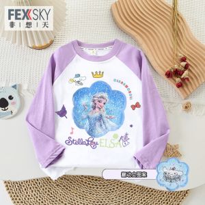 Childrens Cartoon Color-changing Sequin Long-sleeve round Neck Princess Elsa Top Girls Spring Fashion T-shirt Cotton 100%