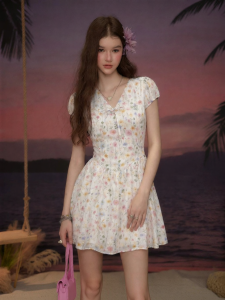 Unifree | Floral Print V-Neck Short Sleeve Slim Fit Waist Dress