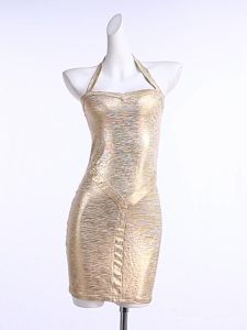 Kliou Vàng Gợi Cảm Mini Dress Dành Cho Nữ Dây Cổ Hở Lưng Không Tay Slim Fit Thời Trang Dự Tiệc Bodycon Đầm Phong Cách Giữa Thế Kỷ