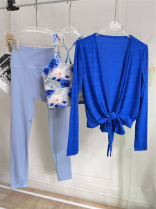 ชุดโยคะแขนยาวลายดอกไม้สีน้ำเงินคลีน กระชับสัดส่วน ชุดออกกำลังกาย Pilates ชุดออกกำลังกายสำหรับผู้หญิง ชุดโยคะ