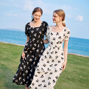 XIANGYING | Flared Sleeve Print V-Neck Waist-Cinching Elegant Vacation Maxi Dress