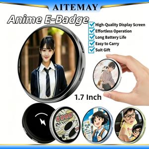Aitemay Fashionable Anime E-Badge Display Pin 1.7 Inch Touch Screen Digital LED HD Pixel Screen for Uploading Photos GIFs and Videos for Otaku Fans Friends Birthday Gift