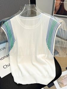 Ice Silk Vest for Women 80-200lbs Loose Fit Sleeveless Summer Shirt Casual Stripe Pattern Thin Section Wool Fabric
