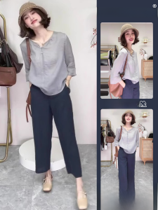 Summer Commute Womens High-End Zen Style Casual Cotton Linen Shirt Pants Set Fashionable Elegant Two-Piece Suit V-Neck A-Line