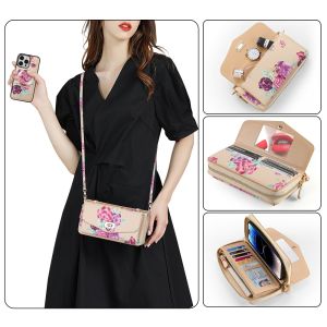 Ốp Điện Thoại Dạng Ví Có Ngăn Đựng Thẻ Bằng Da Từ Tính Hình Hoa Cho Samsung Galaxy Note 20 Ultra S23 Plus S22 Ultra Ốp Trang Điểm Gương Đeo Chéo Dây Đeo Có Dây Đeo Túi Ốp Bảo Vệ RFID Kèm Dây Đeo Cổ Tay Ốp Có Khóa Kéo Cho Nữ