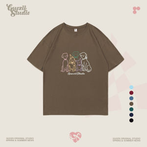 Guozii American Retro Dark Blue Pure Cotton Loose Short Sleeve T-Shirt Female Male Early Spring Bottoming round Neck Casual Tops