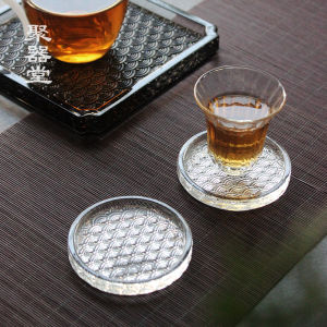 Retro Japanese Style Wave Pattern Glass Cup Mat round Heat Resistant Tea Cup Mat Anti Slip Tea Table Accessories Small Tea Tray