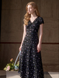 Slimming French Style V-Neck Floral Dress Black