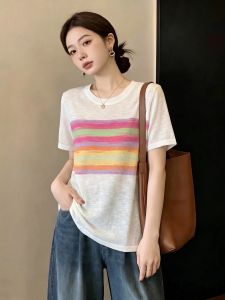 Colorful Stripes Short Sleeve Icy Silk Tshirt For Plus Size Slimming Stylish
