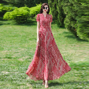 Fashionable Red Print Chiffon Dress Womens Summer Ethnic Style Slimming Maxi Holiday Long Skirt Commute Elegant Floral V-Neck Short Sleeve