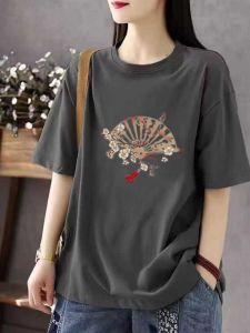 Chinese Fad Antique Fan Print Plus Size Artistic Slimming Oversized Girls Top Pure Cotton Short-Sleeved T-shirt Female Summer New Base