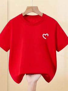 Childrens Red Short Sleeve Cotton T-Shirt New Year Greeting Clothes Pure Cotton Casual Loose Fit Spring Summer Autumn Wear