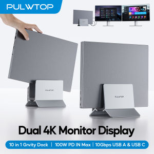 PULWTOP 11 IN 1 Vertical USB C Dock Stand with 2 HDMI 4K 60Hz USB A/C 10Gbps USBA 5Gbps Ethernet PD for Type-C Laptops