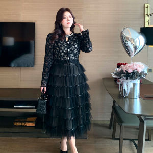 GLEC | Plus Size Rich Style Dress Black Lace Cake Dress