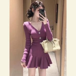Elegant Purple Knitted Dress Gentle Rich Girl Autumn Winter Fashion High Waist A-Line Skirt Soft Polyester Fiber Long Sleeve