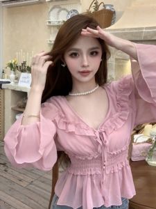 GUZILIAN | Sweet Style Thin Short V-Neck Bell Sleeve Chiffon Shirt Design Sense Lotus Leaf Edge Autumn Initial Sun Protection Womens Ins