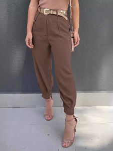 High Waist Pocket Casual Pants Womens Loose Fit Trousers Elastic Waistband Comfortable Breathable Polyester Fiber