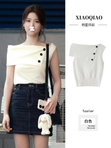 White Knitted One-Shoulder T-Shirt Womens Korean Design Sensation Shoulder Exposure Top Soft Comfortable Short Sleeve Pure Color