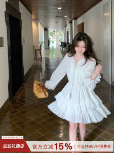 White Long Sleeve Short Dress Womens French Style Commute Simple Waist Cinched Cake Skirt Gose Season Ladies Daily Use