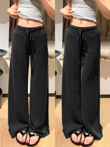 Black High-Waist Drawstring Wide Leg Pants Womens Loose Fit Sporty Style Casual Trousers Spring Autumn New Arrival